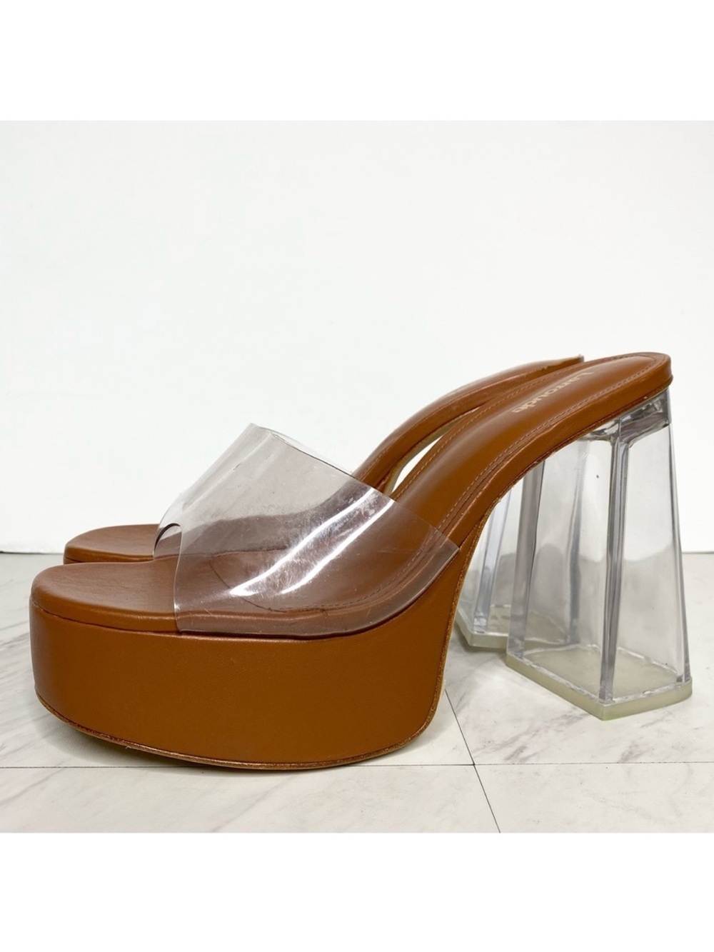 New! Larroude Dolly Lucite Clear Vinyl Brown Platform Sandal 9